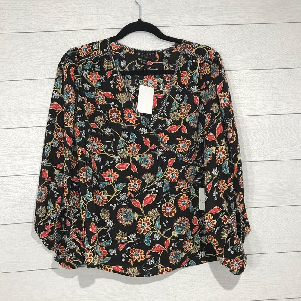 Laundry Shelli Segal Black Floral Wrap Top S NWT